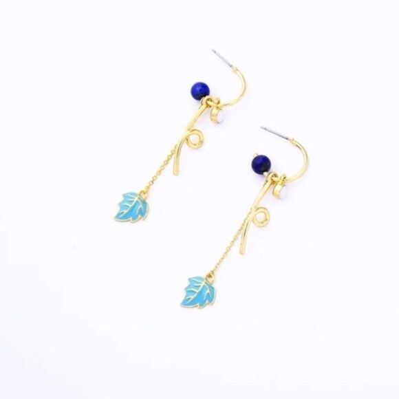 Enamel Glaze Natural Stone Leaf Gold Dangle Statement Earrings - Picture 4 of 8